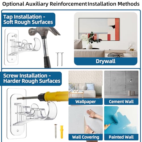 Double Curtain Rod Brackets, Adhesive No-Drill Heavy Duty Wall Hangers (4 Pack)