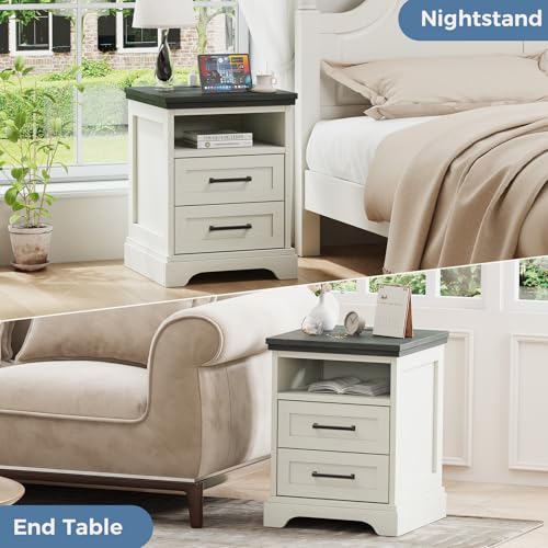 Farmhouse Nightstand with Charging Station, 2 Drawers and Open Shelf