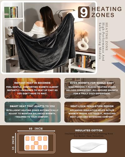 Cordless Heated Blanket with Hood - 9 Heating Zones, USB Powered