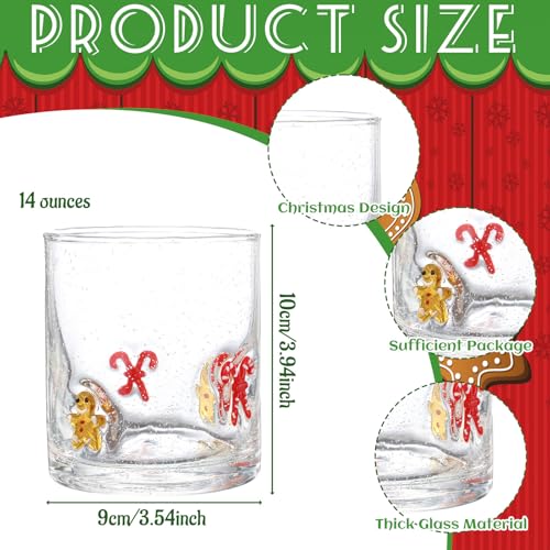 Bokon 2 Pack Christmas Icon Glass Cups, 14 oz Hand Blown Gingerbread & Candy Cane