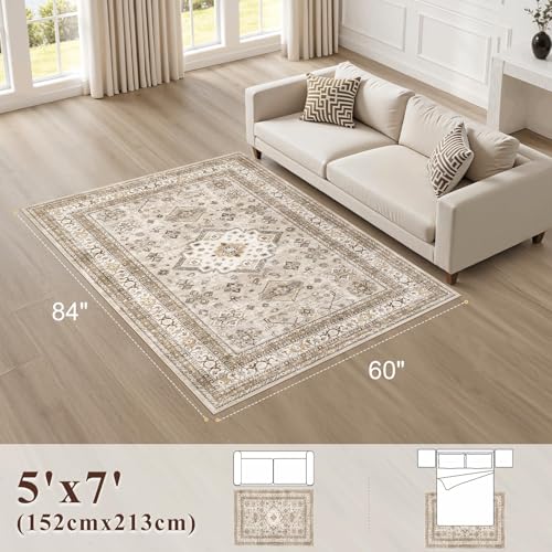 5x7 Washable Area Rug, Traditional Oriental Distressed Beige Carpet