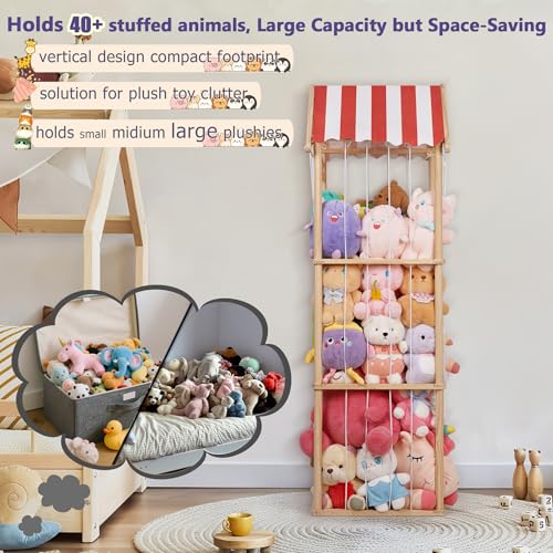 3-Tier Wooden Stuffed Animal Storage Zoo - Anti-Tip Plush Toy Organizer