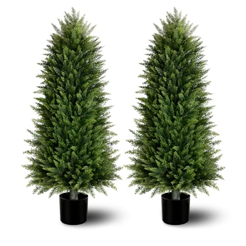 4ft Artificial Cedar Topiary Trees - UV Resistant Potted Faux Shrubs (2 Pack)