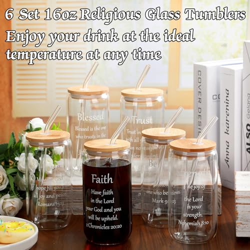 Christian Glass Cups with Lids & Straws - Maxcheck 6 Pack 16 oz Faith Gifts