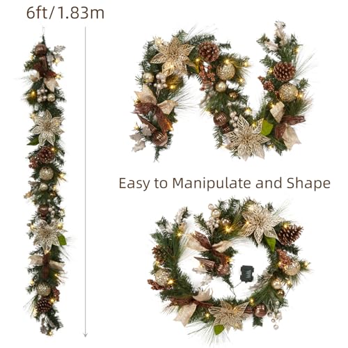 6 ft Gold & Brown Christmas Garland with Lights - Battery Operated, Indoor/Outdoor