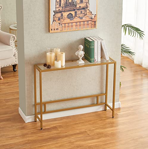 Modern Tempered Glass Console Table with Gold Metal Frame for Entryway