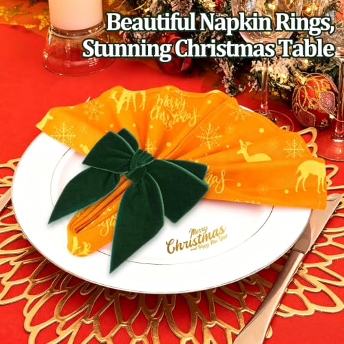 ANPHSIN Green Velvet Bow Christmas Napkin Rings Set of 6 Holiday Table Decorations
