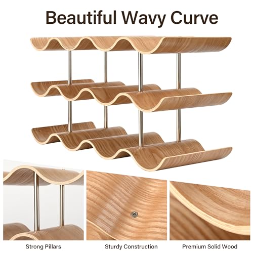 12-Bottle Wooden Countertop Wine Rack - 3-Tier Wavy Storage Holder