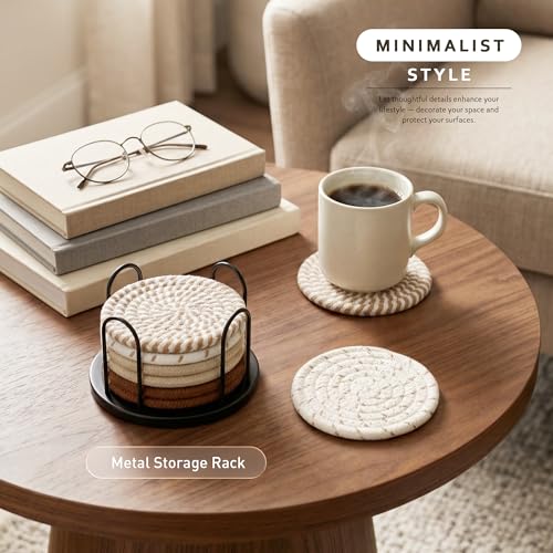 Absorbent Drink Coasters Set of 8 - 4 Inch Cotton Linen Coasters with Holder