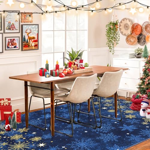 GarveeHome 8x10 Blue Christmas Snowflake Non-Slip Rug – Washable Holiday Home Decor