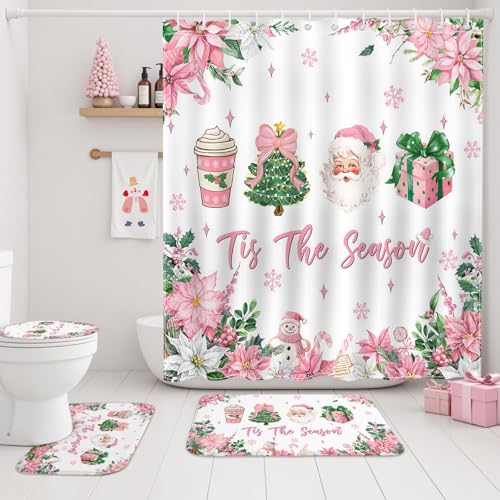 Pink Christmas Shower Curtain Set Santa Claus Holiday Bathroom Decor 72x72 inches