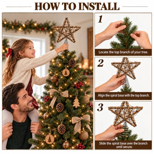 Rattan Christmas Tree Topper Star with Warm White LED Lights, Battery & USB Powered