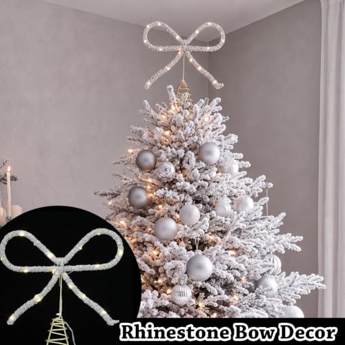 Retisee Silver 9.8 Inch Bow Christmas Tree Topper with LED Rhinestones