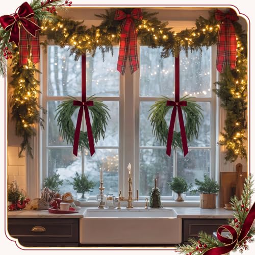 Dingion 8 Pack Mini Christmas Wreaths for Cabinets with Red Berries & Velvet Bow