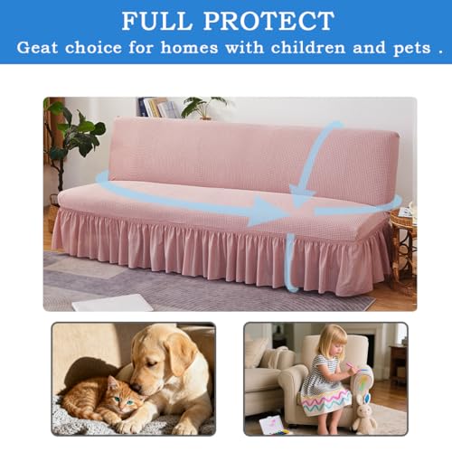 Stretch Futon Cover with Skirt for Armless Sofa Bed - Full Size, Knitted Fabric, Elastic Bottom, Pink