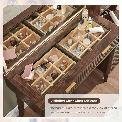 48-Inch Fluted Makeup Vanity Desk with Lighted Mirror and 5 Drawers