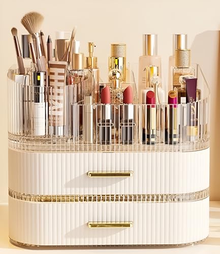 SpaceLuxe Cream White 3-Layer Rotating Makeup Organizer with Drawers