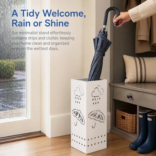 Square Metal Umbrella Stand for Entryway - 17-Inch White Umbrella Holder Bin