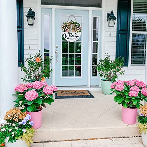 13-Inch Farmhouse Welcome Wreath with Pink Flowers for Front Door Decor
