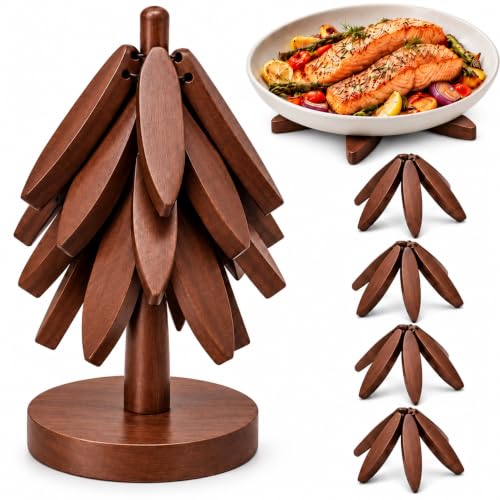 Walnut Wooden Tree Coasters & Foldable Trivets with Stand - Set of 4 (Nordora Walnut)