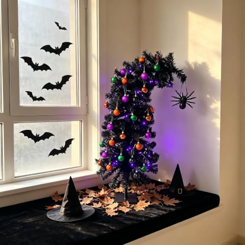 2ft Prelit Black Halloween Tinsel Tree with 35 Orange Lights, Battery-Powered