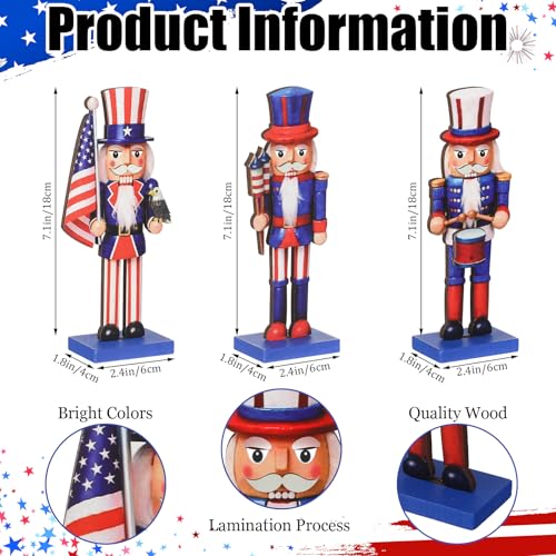 3-Piece Patriotic Wooden Nutcracker Figures - 7 Inch Red & Blue Tabletop Decor