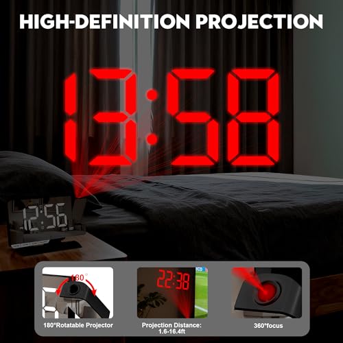 Digital Projection Alarm Clock with 180° Projector & 7.3" Mirror Display