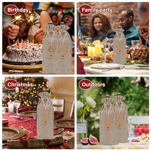 12-Pack Burlap Wine Gift Bags with Drawstring, Tags, and Jute Rope