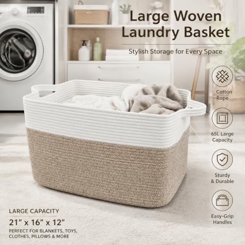 HZFTJOY 65L Cotton Rope Laundry Basket & Blanket Storage, 21"x16"x12"