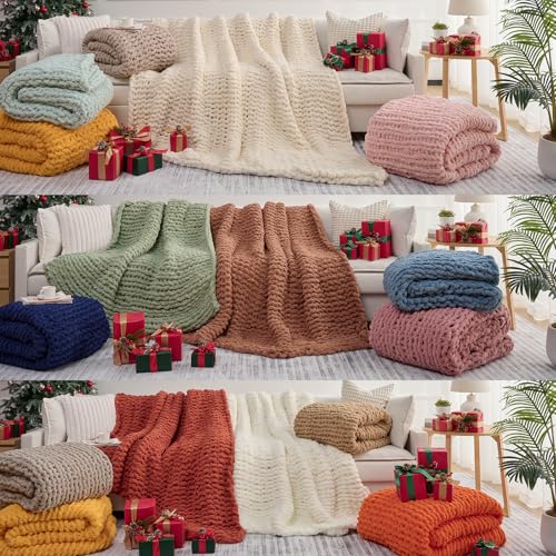 L'AGRATY Chunky Knit Throw Blanket 50" x 60" - Soft Handmade Chenille (Ivory)