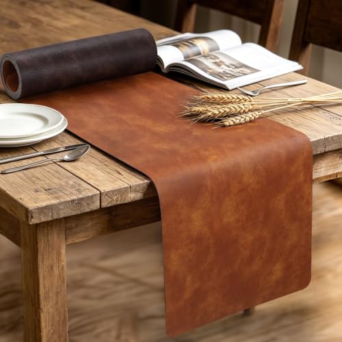 Reversible Faux Leather Farmhouse Table Runner 12" x 54" Terracotta & Coffee Brown