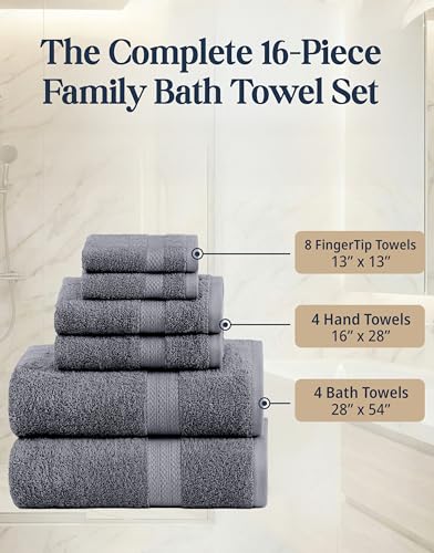 Lane Linen 16-Piece Cotton Towel Set Soft Absorbent Cool Grey Bath Towels