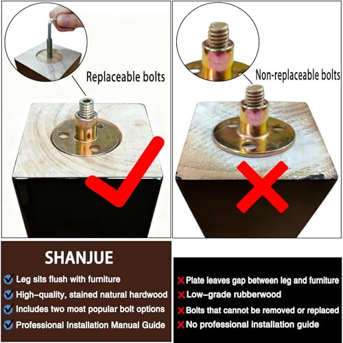 5-Inch Square Wood Furniture Legs - Heavy Duty Replacement for Sofa & Bed
