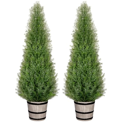 4ft Artificial Cedar Topiary Trees in Rustic Barrel Planters, Set of 2