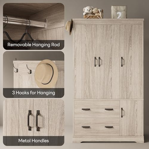 Freestanding Bedroom Wardrobe Closet with Drawers and Hanging Rod, Light Oak