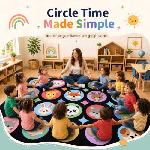 8x10 Classroom Seating Rug with 20 Animal Spots for Preschool Kids