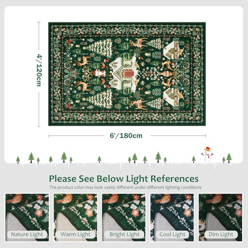 LIVEBOX 4x6 Green Christmas Rug with Santa Deer & Tree, Non-Slip Vintage Indoor Carpet