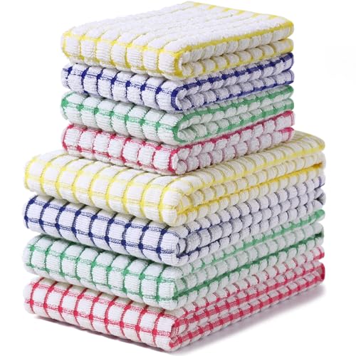 8-Piece Cotton Kitchen Towels and Dishcloths Set, Absorbent Plaid Design