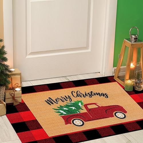 Christmas Door Mat Set with Plaid Rug - 2 Pieces, Holiday Welcome Mats