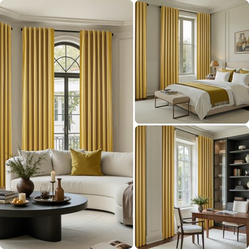 HOMEIDEAS Gold Faux Silk Blackout Curtains 52x84 Inches - Pack of 2, Room Darkening Drapes