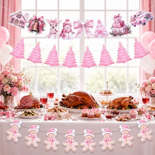 Pink Christmas Banner Set - 16.4 ft Long Gingerbread & Tree Decor