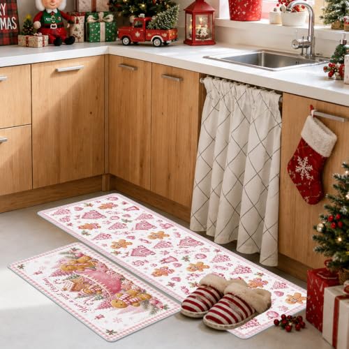 Romart Pink Gingerbread Kitchen Rugs Set of 2 – 16x28in & 16x47in with Silicone Backing