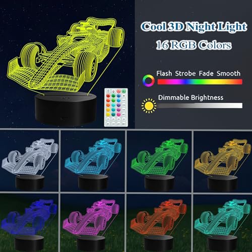3D F1 Racing Car Night Light, LED Illusion Lamp with Remote Control