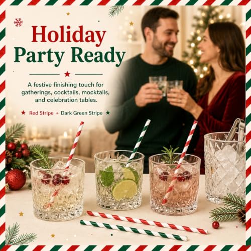 NINU 100 Pack Christmas Paper Straws - Red & Dark Green Striped (Variation: Christmas-C)
