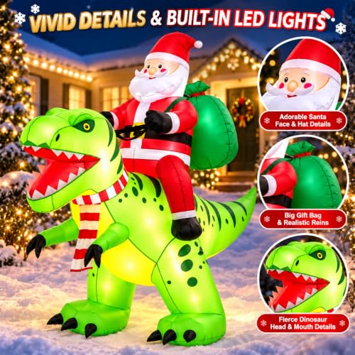 Candieslife Santa & Dinosaur Inflatable - 8ft Christmas Yard Decor with LED Lights