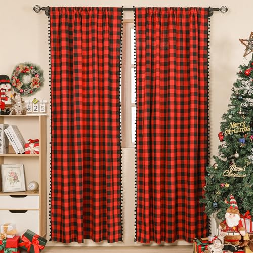 2 Pack Buffalo Plaid Window Curtains for Living Room - 52 x 96 Inch Red Black Check Rustic Farmhouse Decor with Pom-poms