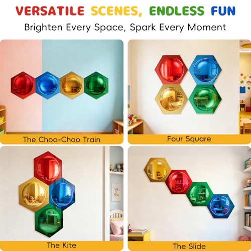 4-Piece Hexagon Sensory Bubble Mirror Set for Kids Playroom Wall Decor