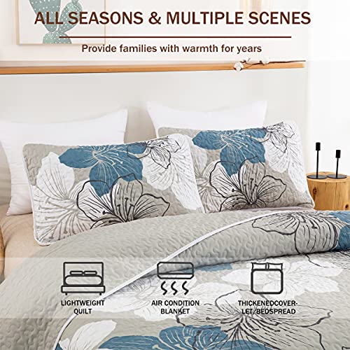 California King Floral Quilt Set - 3-Piece Blue Boho Bedspread