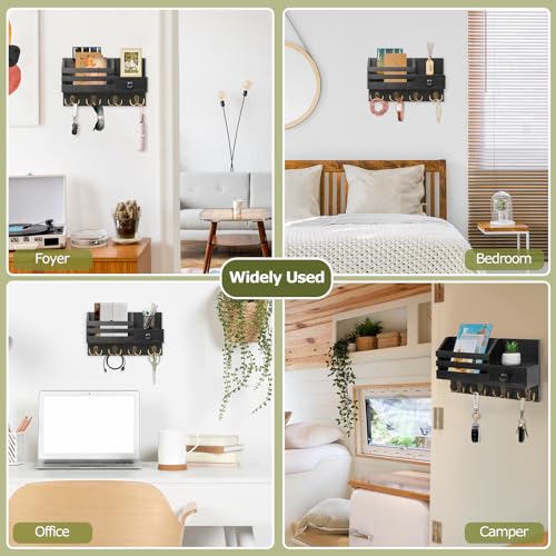 Wall Mount Key and Mail Organizer with 8 Hooks, Drawer, and Shelf