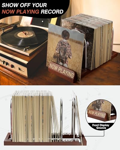Wooden Vinyl Record Storage Holder - Holds 50 LPs with Display Notch